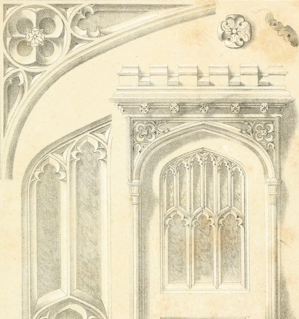 An illustration from Gothic architecture applied to modern residences; containing designs of all the important parts of a private dwelling, exhibited in elaborate perspective drawings, together with large and copious details, 1849, leaf 70