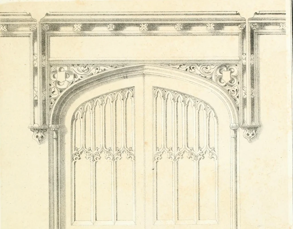 An illustration from Gothic architecture applied to modern residences; containing designs of all the important parts of a private dwelling, exhibited in elaborate perspective drawings, together with large and copious details, 1849, leaf 84