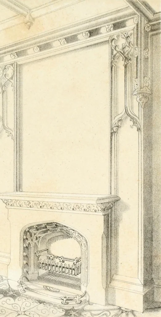 An illustration from Gothic architecture applied to modern residences; containing designs of all the important parts of a private dwelling, exhibited in elaborate perspective drawings, together with large and copious details, 1849, leaf 90