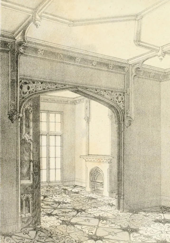 An illustration from Gothic architecture applied to modern residences; containing designs of all the important parts of a private dwelling, exhibited in elaborate perspective drawings, together with large and copious details, 1849, leaf 90