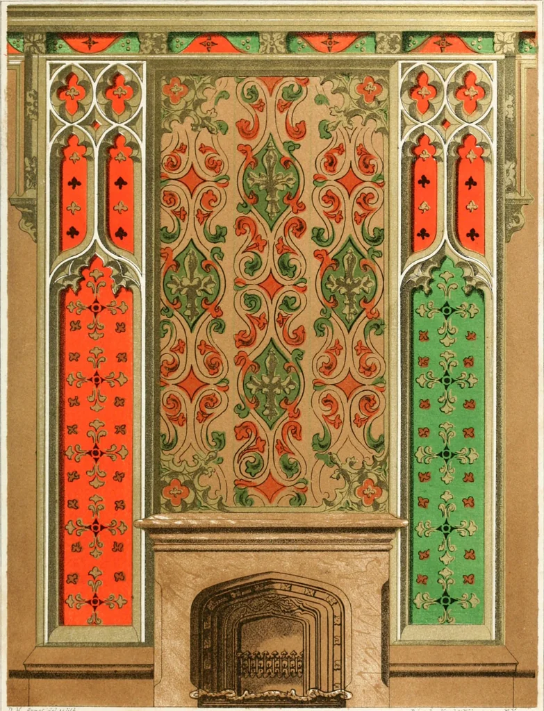 An illustration from Gothic architecture applied to modern residences; containing designs of all the important parts of a private dwelling, exhibited in elaborate perspective drawings, together with large and copious details, 1849, leaf 92