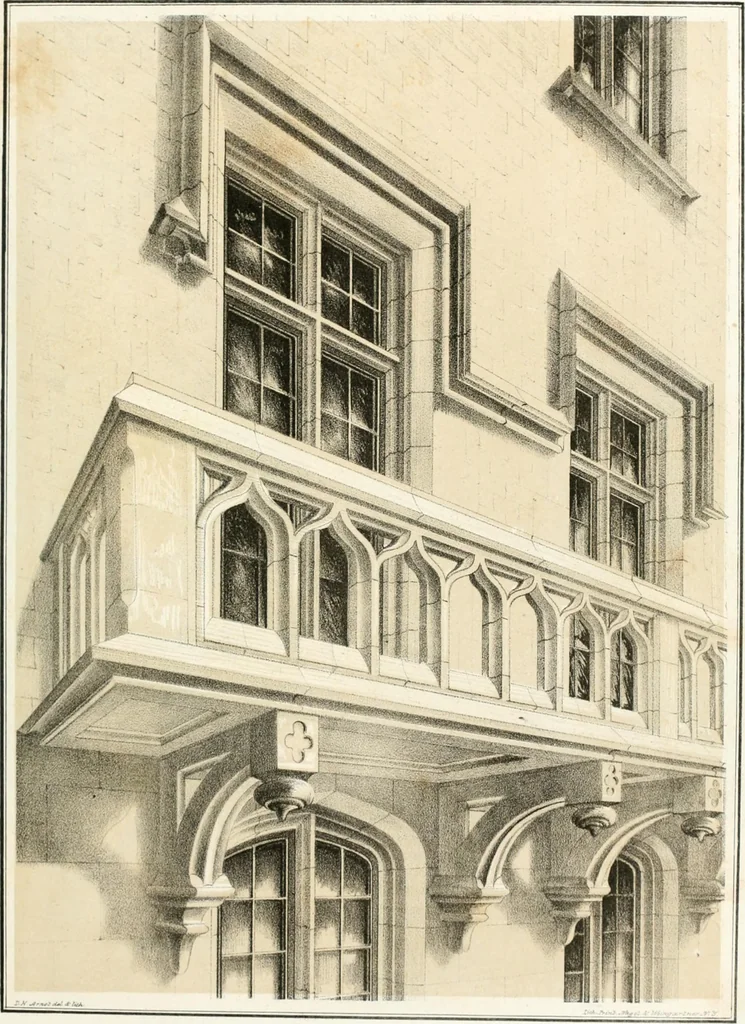 An illustration from Gothic architecture applied to modern residences; containing designs of all the important parts of a private dwelling, exhibited in elaborate perspective drawings, together with large and copious details, 1849, leaf 94