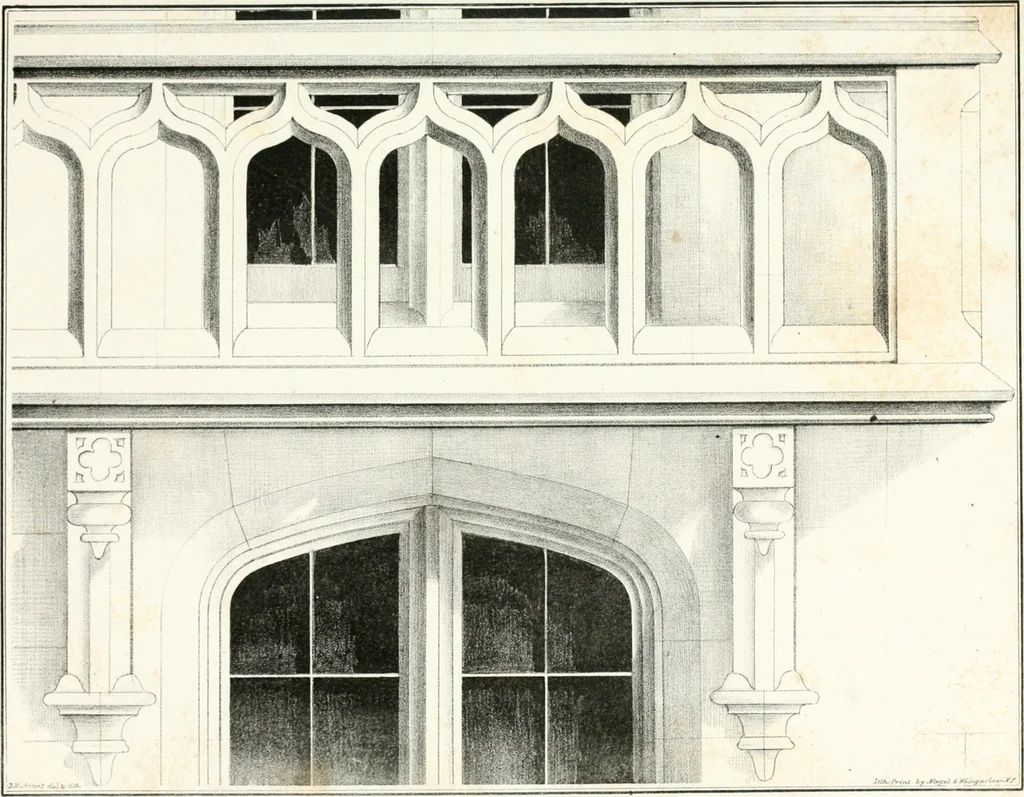 An illustration from Gothic architecture applied to modern residences; containing designs of all the important parts of a private dwelling, exhibited in elaborate perspective drawings, together with large and copious details, 1849, leaf 96