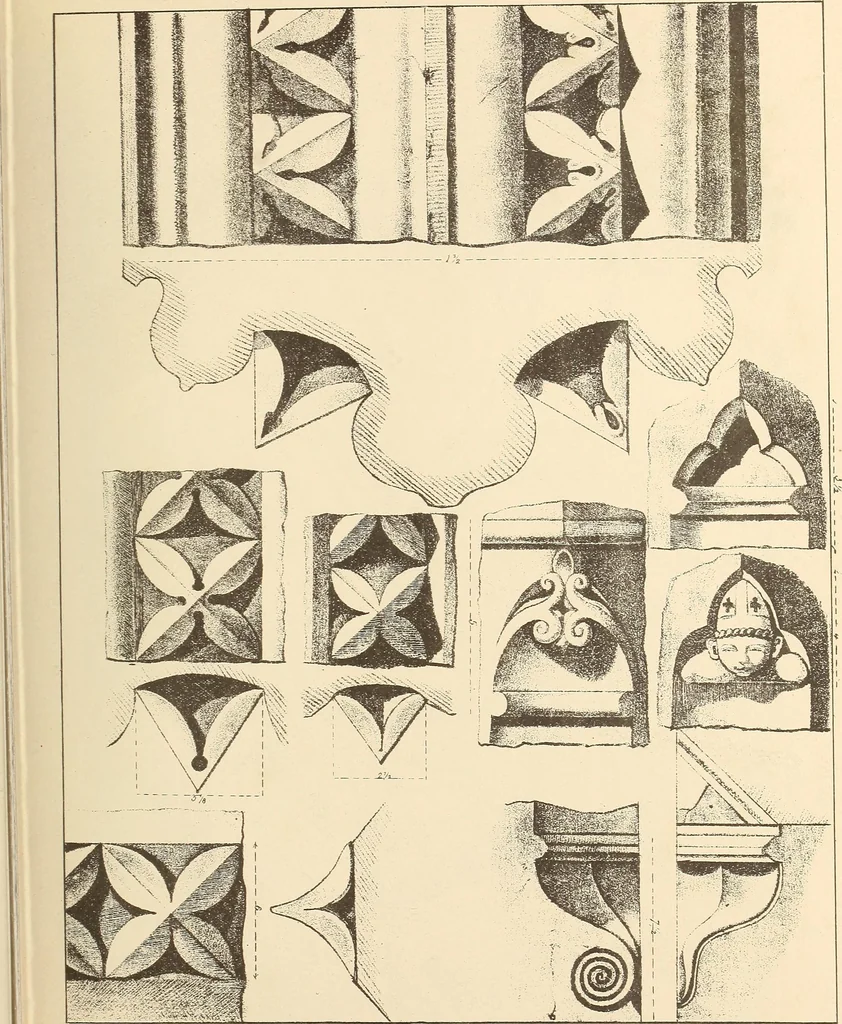 An illustration from Gothic ornaments, selected from various ancient buildings in England and France : exhibiting numerous specimens of every description of decorative detail, from the XIth. to the beginning of the XVIth. cent., 1900, leaf 127