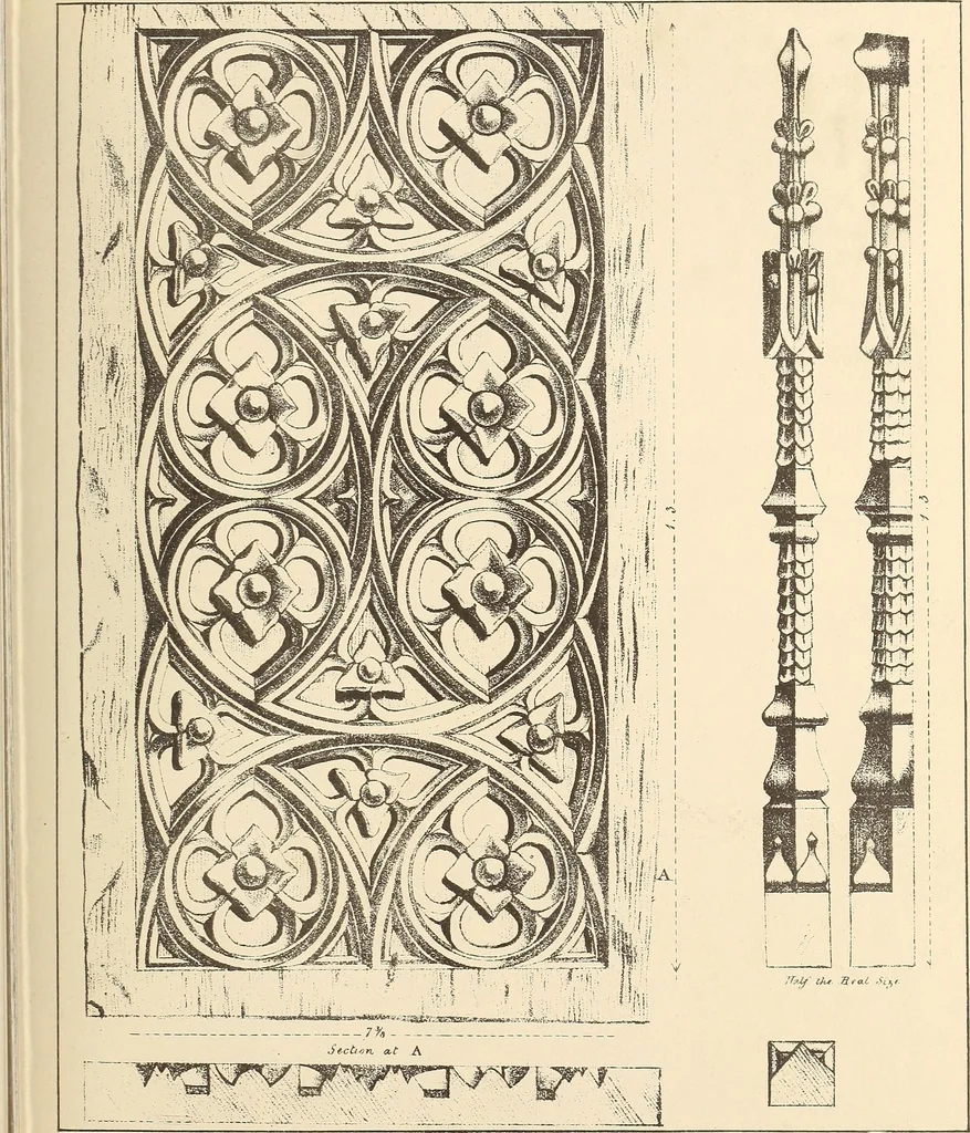 An illustration from Gothic ornaments, selected from various ancient buildings in England and France : exhibiting numerous specimens of every description of decorative detail, from the XIth. to the beginning of the XVIth. cent., 1900, leaf 133