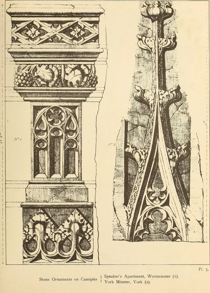 An illustration from Gothic ornaments, selected from various ancient buildings in England and France : exhibiting numerous specimens of every description of decorative detail, from the XIth. to the beginning of the XVIth. cent., 1900, leaf 19