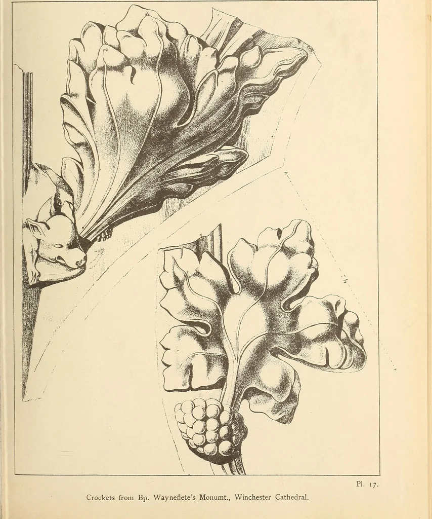 An illustration from Gothic ornaments, selected from various ancient buildings in England and France : exhibiting numerous specimens of every description of decorative detail, from the XIth. to the beginning of the XVIth. cent., 1900, leaf 43