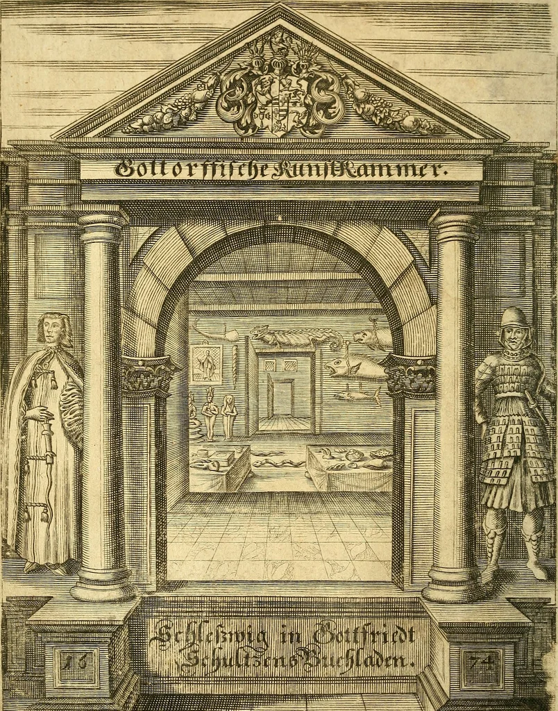 An illustration from Gottorffische Kunst-Kammer : worinnen allerhand ungemeine Sachen, so theils die Natur, theils künstliche Hände hervor gebracht und bereitet : vor diesem aus allen vier Theilen der Welt zusammen getragen, und vor einigen Jahren beschrieben, auch mit behörigen Kupffern gezieret, 1674, leaf 9