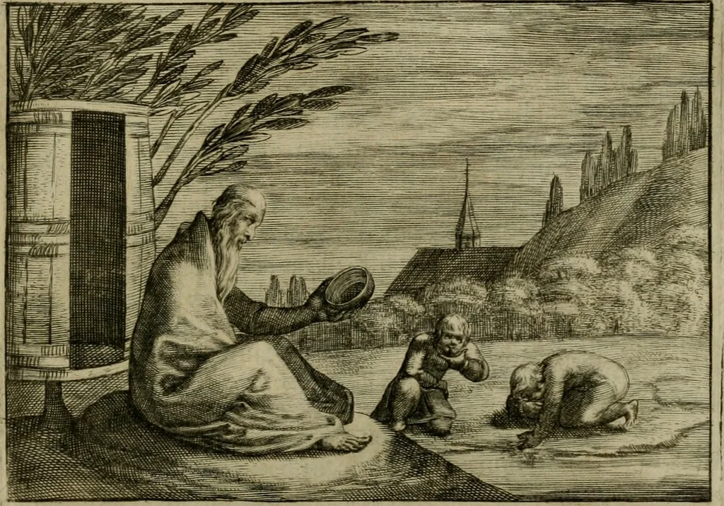 An illustration from Emblemata Florentii Schoonhovii I.C. Goudani, partim moralia, partim etiam civilia. Cum latiori eorundem ejusdem auctoris interpretatione. Accedunt et alia quaedam poëmatia in alijs poëmatum suorum libris non contenta, 1618, leaf 140