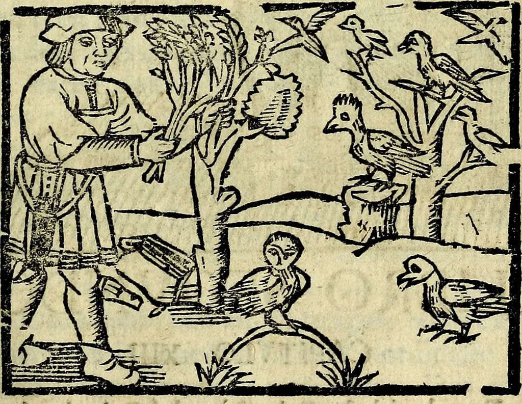 An illustration from Govierno general, moral, y politico. Hallado en las aves mas generosas, y nobles. Sacado de sus naturales virtudes, y propriedades. Añadido en esta vltima impression en diferentes partes: y el libro diez y nueve de las aves monstruosas, 1696, leaf 72