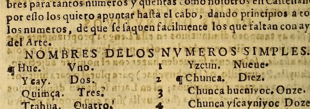 An illustration from Gramatica y arte nueua de la lengua general de todo el Peru, llamada lengua Quichua, o lengua del Inca. : Añadida y cumplida en todo lo que le faltaua de tiempos, y de la Grammatica, y recogido en forma de arte lo mas necessario en los dos primeros libros. Con mas otros dos libros postreros de addiciones al Arte para mas perficionarla, el vno para alcançar la copia de vocablos, y el otro para la elegancia y ornato. Compuesta por el padre Diego Gonçalez Holguin dela Compañia de Iesus natural [sic] de Caçeres, 1607, leaf 212