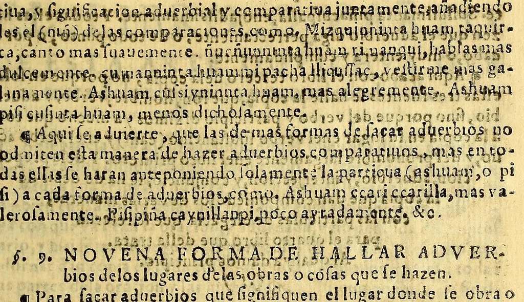 An illustration from Gramatica y arte nueua de la lengua general de todo el Peru, llamada lengua Quichua, o lengua del Inca. : Añadida y cumplida en todo lo que le faltaua de tiempos, y de la Grammatica, y recogido en forma de arte lo mas necessario en los dos primeros libros. Con mas otros dos libros postreros de addiciones al Arte para mas perficionarla, el vno para alcançar la copia de vocablos, y el otro para la elegancia y ornato. Compuesta por el padre Diego Gonçalez Holguin dela Compañia de Iesus natural [sic] de Caçeres, 1607, leaf 249