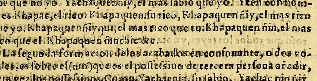 An illustration from Gramatica y arte nueua de la lengua general de todo el Peru, llamada lengua Quichua, o lengua del Inca. : Añadida y cumplida en todo lo que le faltaua de tiempos, y de la Grammatica, y recogido en forma de arte lo mas necessario en los dos primeros libros. Con mas otros dos libros postreros de addiciones al Arte para mas perficionarla, el vno para alcançar la copia de vocablos, y el otro para la elegancia y ornato. Compuesta por el padre Diego Gonçalez Holguin dela Compañia de Iesus natural [sic] de Caçeres, 1607, leaf 261