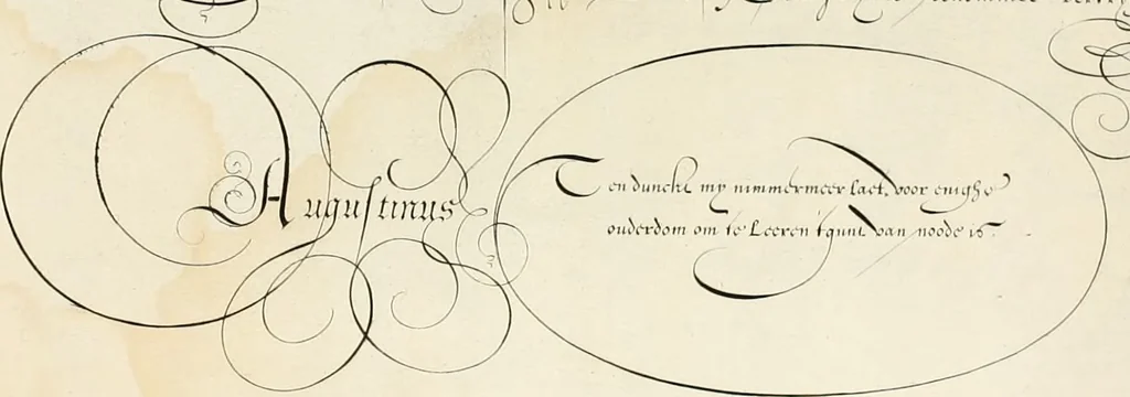 An illustration from Gram[m]ato-graphices : jn qvo varia scripturae emblemata, belgicis, germanicis, italicis, hispanicis, gallicis, et latinis characterib[us] exarata : cum singulorum anatomicis fundamentis ad exacté pingedum perquàm utilia, oculis spectanda jmitandaq[ue], proponuntur, 1605, leaf 17