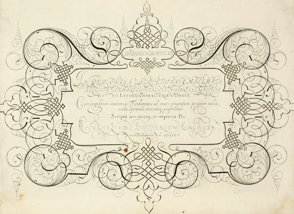 An illustration from Gram[m]ato-graphices : jn qvo varia scripturae emblemata, belgicis, germanicis, italicis, hispanicis, gallicis, et latinis characterib[us] exarata : cum singulorum anatomicis fundamentis ad exacté pingedum perquàm utilia, oculis spectanda jmitandaq[ue], proponuntur, 1605, leaf 4