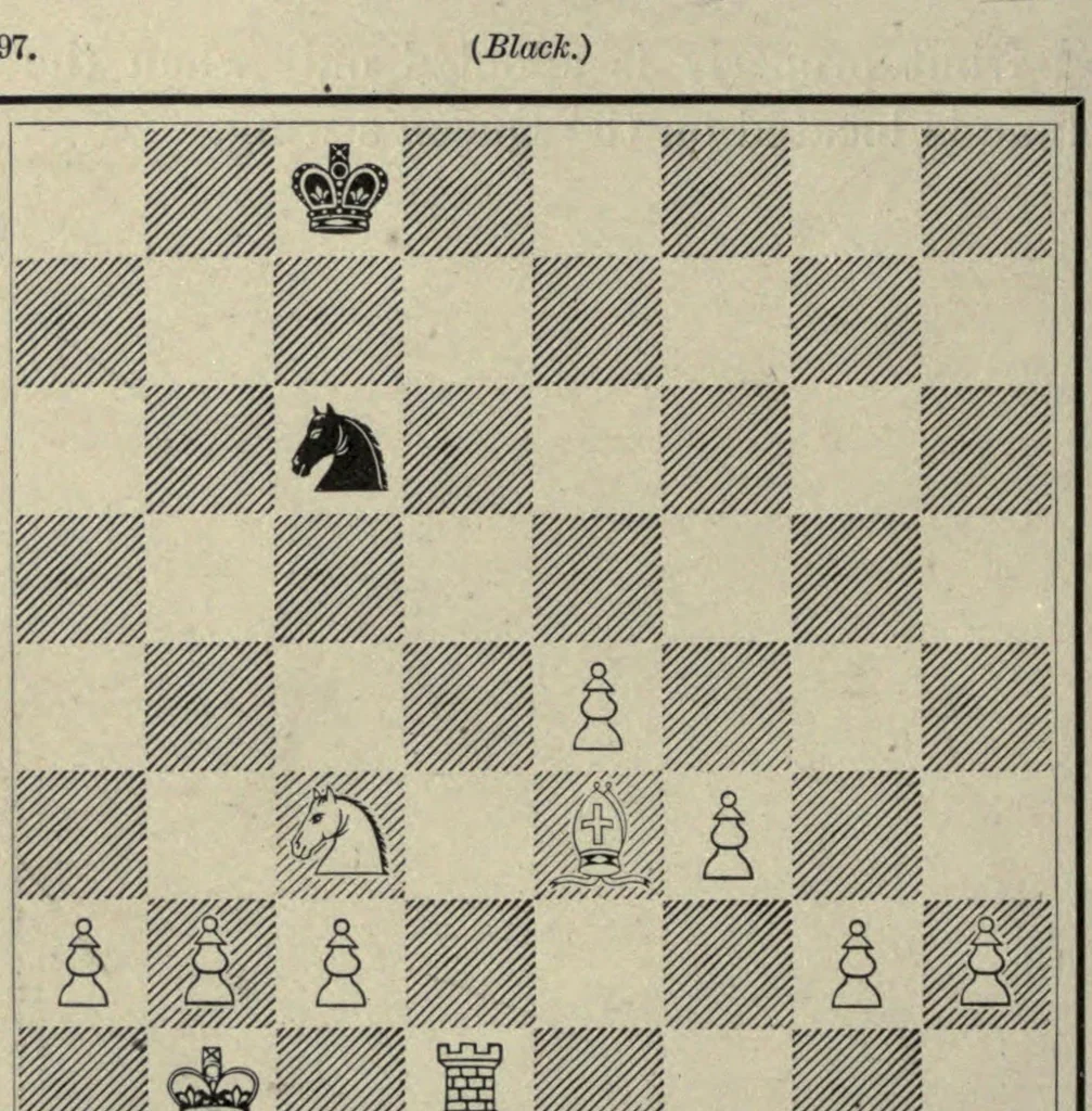 An illustration from The grand tactics of chess, an exposition of the laws and principles of chess strategetics, the practcal application of these laws and principles to the movement of forces; mobilization, development, manoeuvre, and operation, 1898, leaf 166