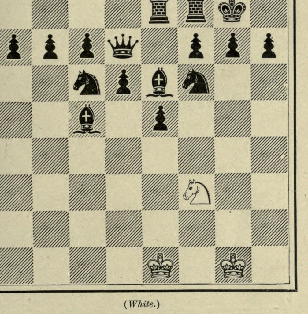 An illustration from The grand tactics of chess, an exposition of the laws and principles of chess strategetics, the practcal application of these laws and principles to the movement of forces; mobilization, development, manoeuvre, and operation, 1898, leaf 187