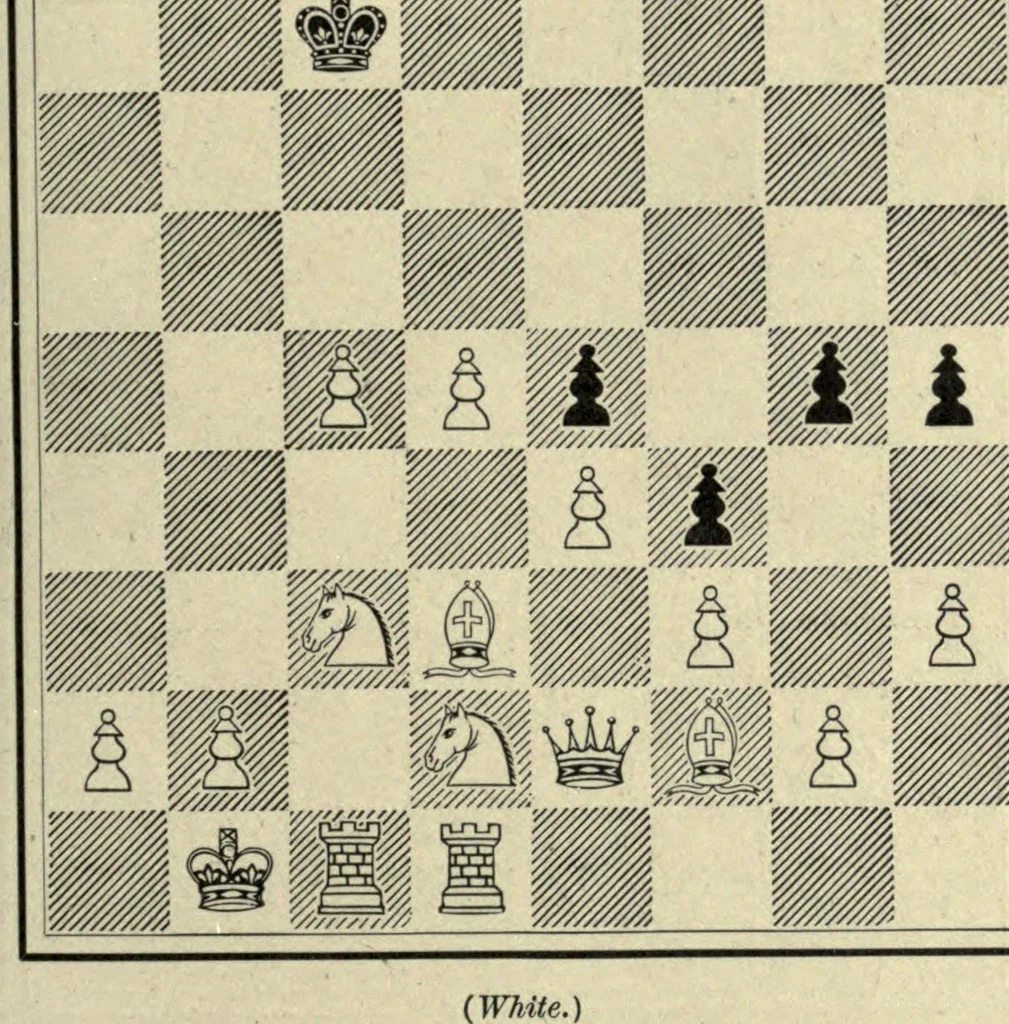 An illustration from The grand tactics of chess, an exposition of the laws and principles of chess strategetics, the practcal application of these laws and principles to the movement of forces; mobilization, development, manoeuvre, and operation, 1898, leaf 233