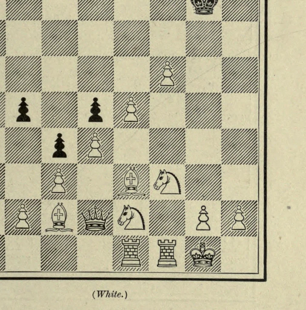 An illustration from The grand tactics of chess, an exposition of the laws and principles of chess strategetics, the practcal application of these laws and principles to the movement of forces; mobilization, development, manoeuvre, and operation, 1898, leaf 275