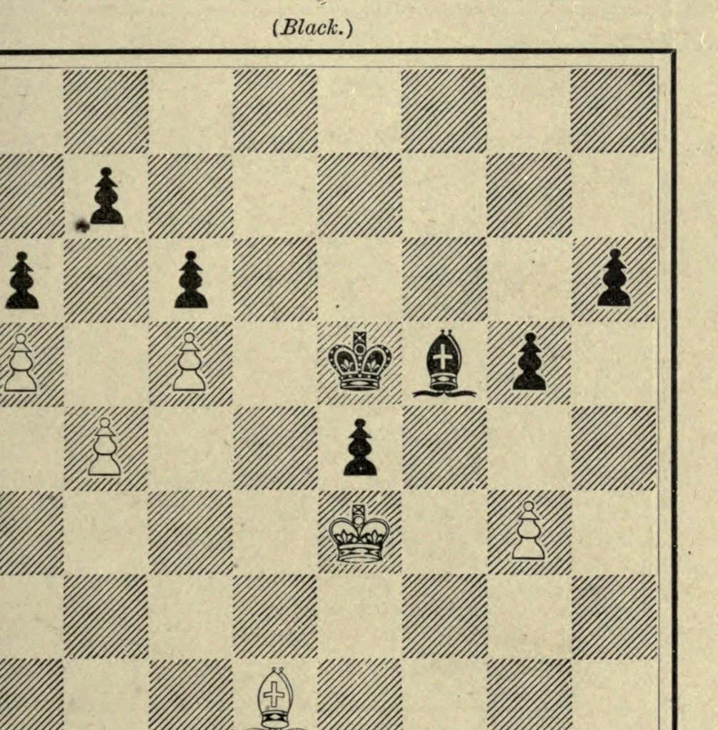 An illustration from The grand tactics of chess, an exposition of the laws and principles of chess strategetics, the practcal application of these laws and principles to the movement of forces; mobilization, development, manoeuvre, and operation, 1898, leaf 361