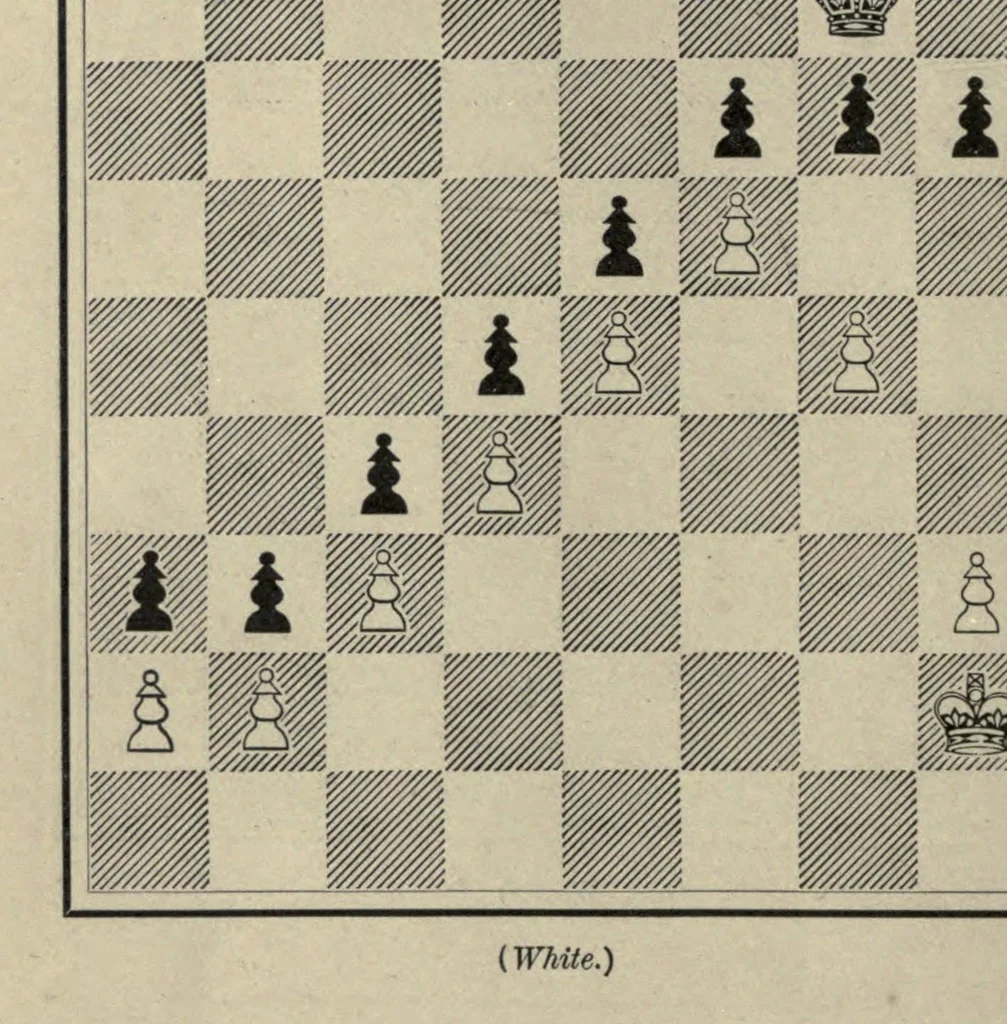 An illustration from The grand tactics of chess, an exposition of the laws and principles of chess strategetics, the practcal application of these laws and principles to the movement of forces; mobilization, development, manoeuvre, and operation, 1898, leaf 82