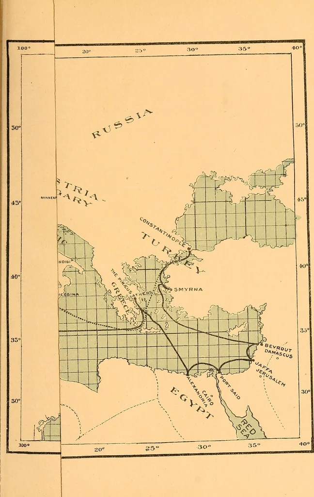 An illustration from Grand winter excursion to the Mediterranean, the Orient, and the Holy Land : including the Azores, Portugal, Spain, France, Italy, Sicily, Egypt, Palestine, Turkey, Greece, Malta, Tunis, and Algeria by the well-known fast twin-screw express steamship "La Touraine," 10,000 tons, 14,000 horse-power, length 540 feet, commander Santelli : sailing from New York, February 4th, 1896, and returning about April 5th, 1896, duration of round trip, two months, 1895, leaf 22