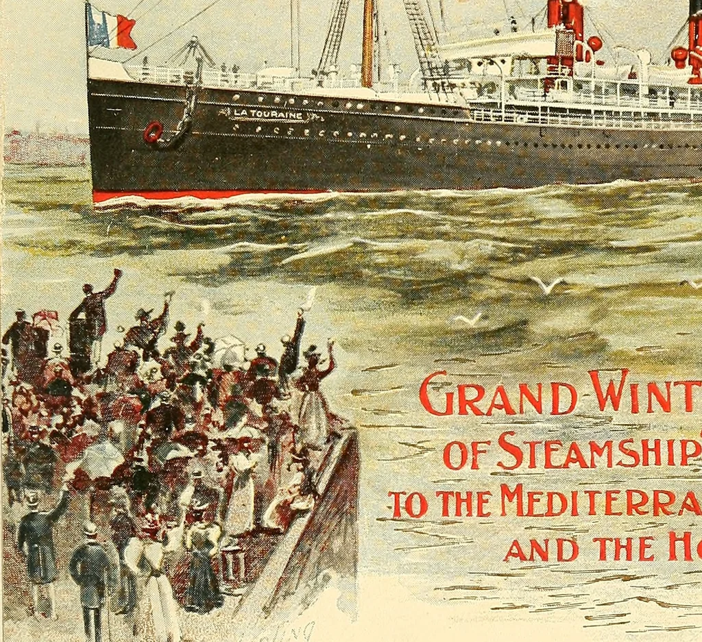 An illustration from Grand winter excursion to the Mediterranean, the Orient, and the Holy Land : including the Azores, Portugal, Spain, France, Italy, Sicily, Egypt, Palestine, Turkey, Greece, Malta, Tunis, and Algeria by the well-known fast twin-screw express steamship "La Touraine," 10,000 tons, 14,000 horse-power, length 540 feet, commander Santelli : sailing from New York, February 4th, 1896, and returning about April 5th, 1896, duration of round trip, two months, 1895, leaf 4
