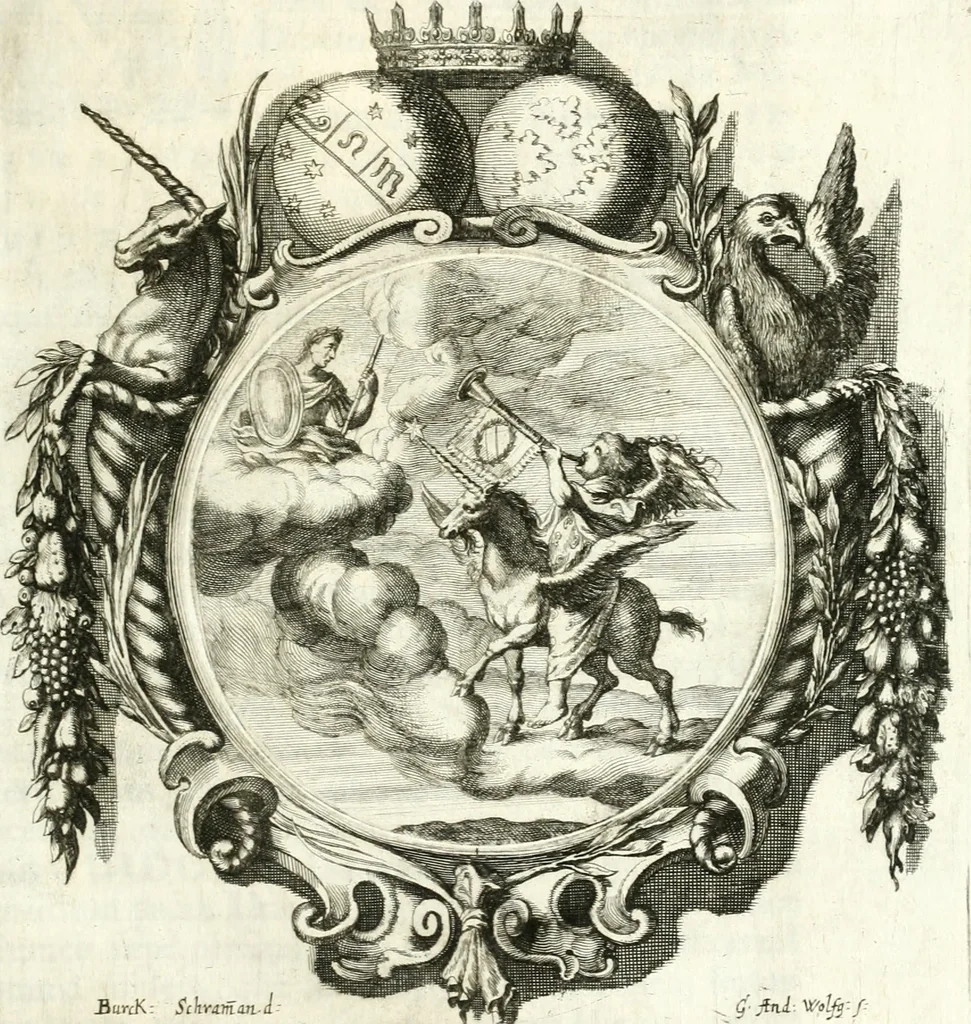 An illustration from Gratulatio panegyrica quam eminentissimo celsissimo ac reverendissimo domino, domino Guidobaldo ex comitatibus de Thun, S.R.E. cardinali, archiepiscopo Salisburgensi ... ad singulas dignitates meritissimo acceptas ex humillimo obsequio pro novis anni M.DC.LXVIII auspiciis, primis itidem calendis dixerunt musae Salisburgenses, 1668, leaf 14