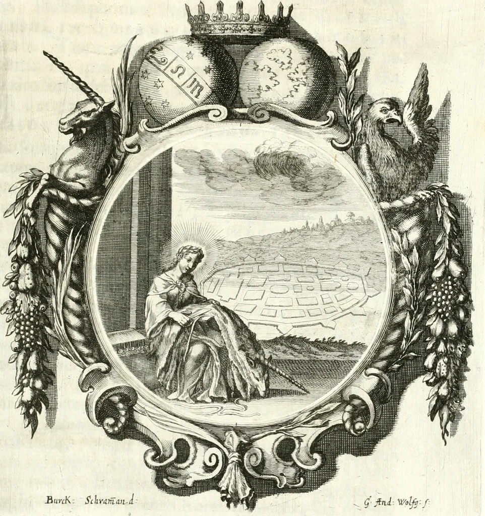 An illustration from Gratulatio panegyrica quam eminentissimo celsissimo ac reverendissimo domino, domino Guidobaldo ex comitatibus de Thun, S.R.E. cardinali, archiepiscopo Salisburgensi ... ad singulas dignitates meritissimo acceptas ex humillimo obsequio pro novis anni M.DC.LXVIII auspiciis, primis itidem calendis dixerunt musae Salisburgenses, 1668, leaf 18