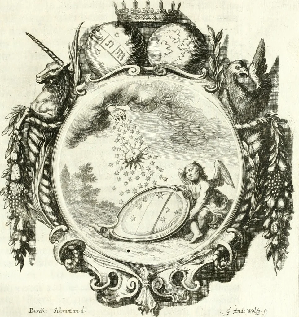 An illustration from Gratulatio panegyrica quam eminentissimo celsissimo ac reverendissimo domino, domino Guidobaldo ex comitatibus de Thun, S.R.E. cardinali, archiepiscopo Salisburgensi ... ad singulas dignitates meritissimo acceptas ex humillimo obsequio pro novis anni M.DC.LXVIII auspiciis, primis itidem calendis dixerunt musae Salisburgenses, 1668, leaf 22