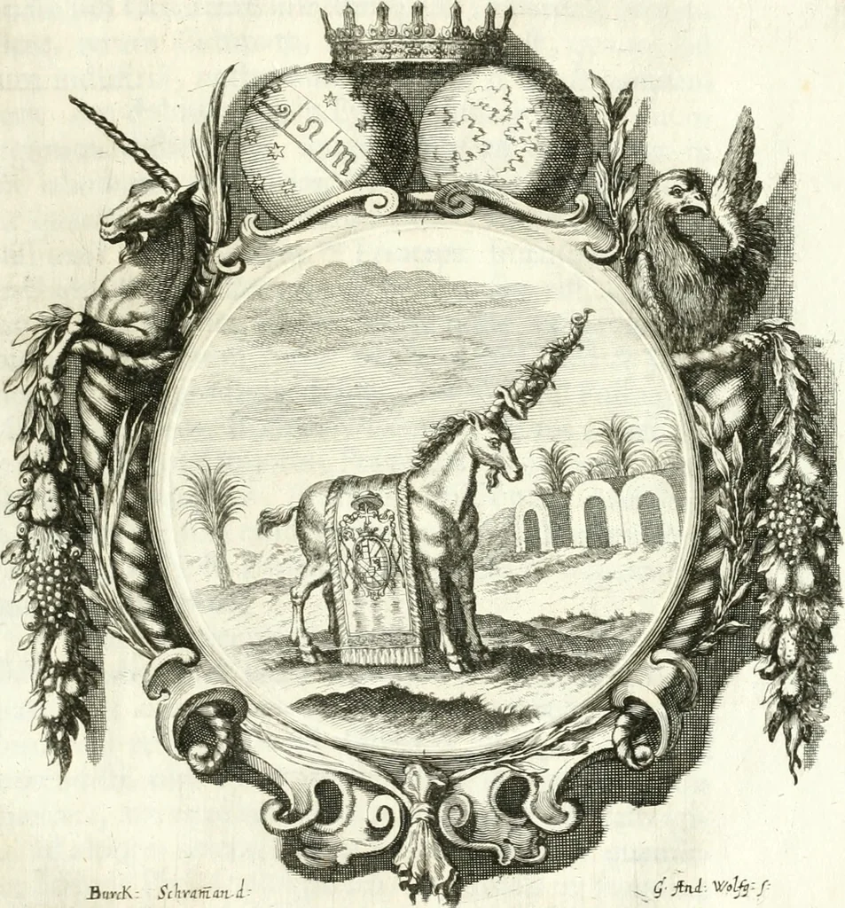 An illustration from Gratulatio panegyrica quam eminentissimo celsissimo ac reverendissimo domino, domino Guidobaldo ex comitatibus de Thun, S.R.E. cardinali, archiepiscopo Salisburgensi ... ad singulas dignitates meritissimo acceptas ex humillimo obsequio pro novis anni M.DC.LXVIII auspiciis, primis itidem calendis dixerunt musae Salisburgenses, 1668, leaf 26