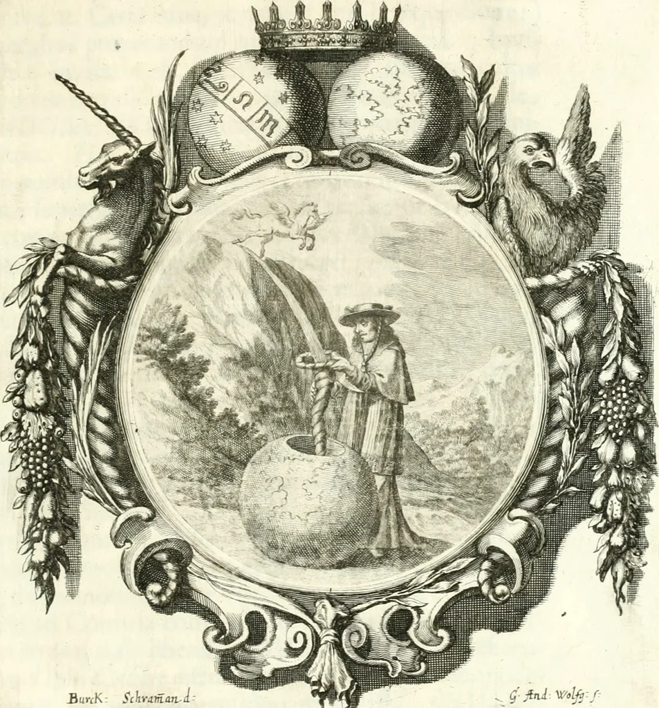 An illustration from Gratulatio panegyrica quam eminentissimo celsissimo ac reverendissimo domino, domino Guidobaldo ex comitatibus de Thun, S.R.E. cardinali, archiepiscopo Salisburgensi ... ad singulas dignitates meritissimo acceptas ex humillimo obsequio pro novis anni M.DC.LXVIII auspiciis, primis itidem calendis dixerunt musae Salisburgenses, 1668, leaf 34