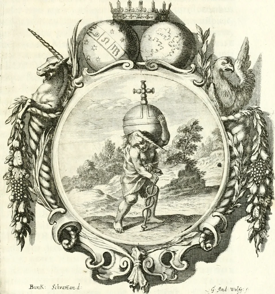 An illustration from Gratulatio panegyrica quam eminentissimo celsissimo ac reverendissimo domino, domino Guidobaldo ex comitatibus de Thun, S.R.E. cardinali, archiepiscopo Salisburgensi ... ad singulas dignitates meritissimo acceptas ex humillimo obsequio pro novis anni M.DC.LXVIII auspiciis, primis itidem calendis dixerunt musae Salisburgenses, 1668, leaf 38