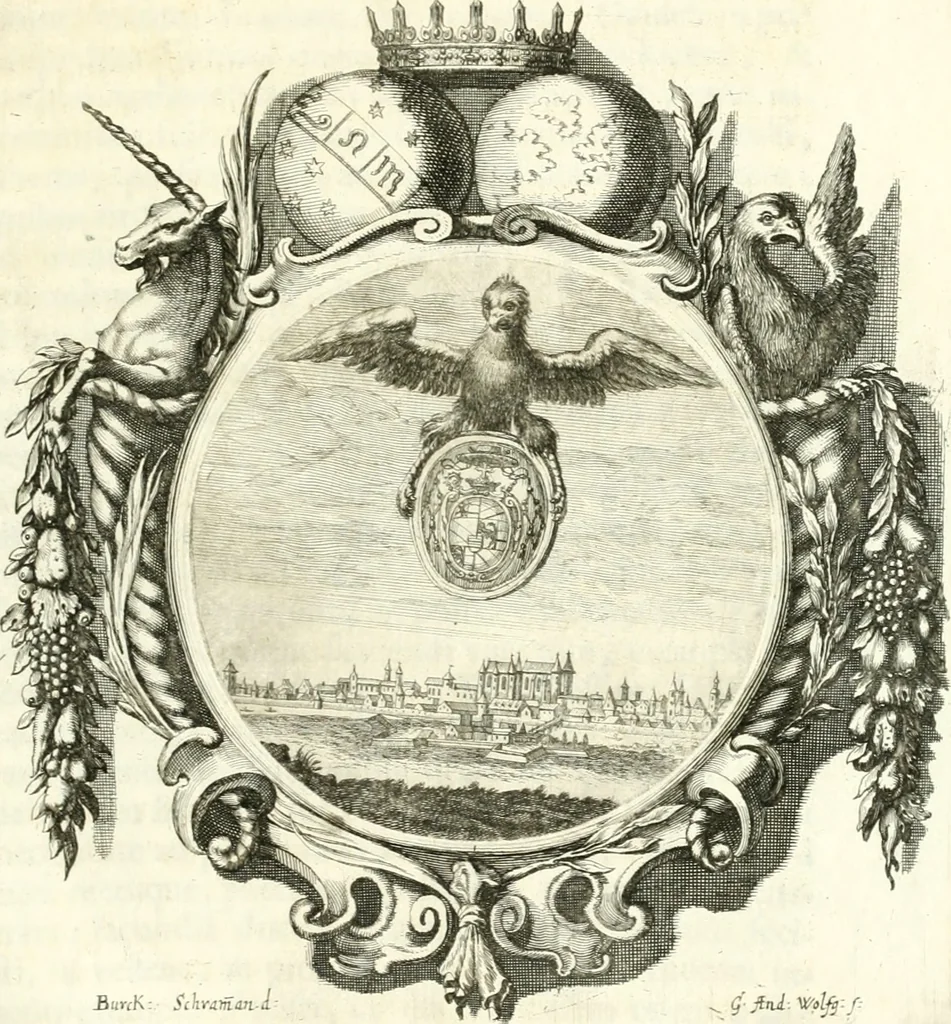 An illustration from Gratulatio panegyrica quam eminentissimo celsissimo ac reverendissimo domino, domino Guidobaldo ex comitatibus de Thun, S.R.E. cardinali, archiepiscopo Salisburgensi ... ad singulas dignitates meritissimo acceptas ex humillimo obsequio pro novis anni M.DC.LXVIII auspiciis, primis itidem calendis dixerunt musae Salisburgenses, 1668, leaf 42