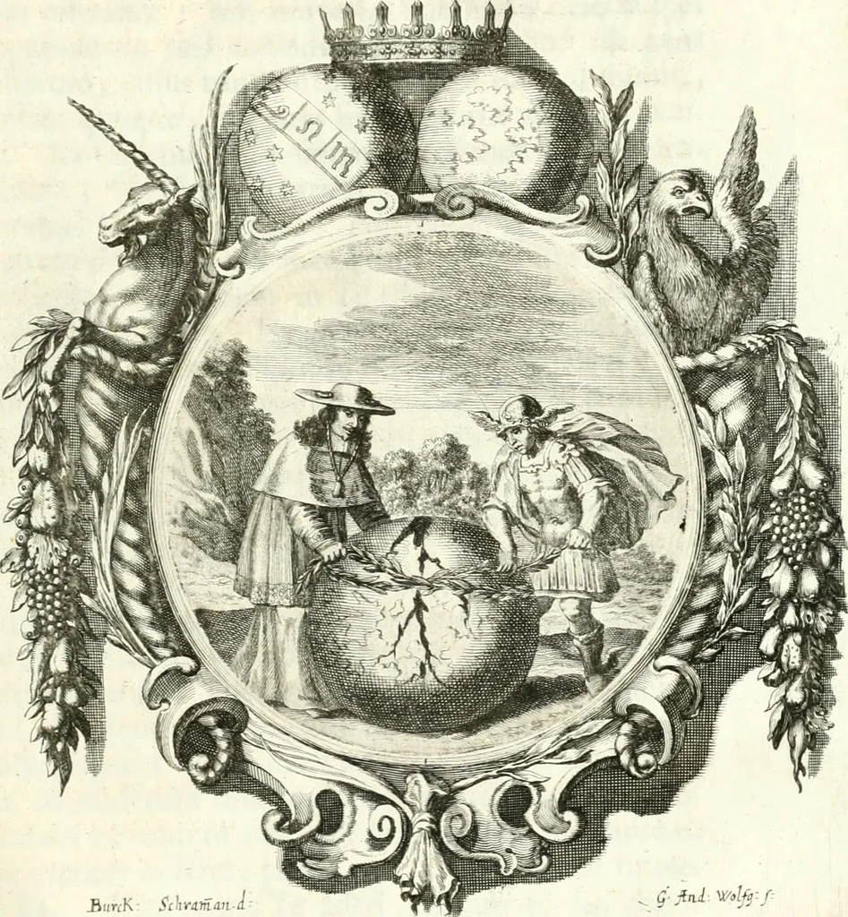 An illustration from Gratulatio panegyrica quam eminentissimo celsissimo ac reverendissimo domino, domino Guidobaldo ex comitatibus de Thun, S.R.E. cardinali, archiepiscopo Salisburgensi ... ad singulas dignitates meritissimo acceptas ex humillimo obsequio pro novis anni M.DC.LXVIII auspiciis, primis itidem calendis dixerunt musae Salisburgenses, 1668, leaf 46