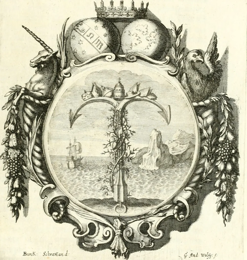 An illustration from Gratulatio panegyrica quam eminentissimo celsissimo ac reverendissimo domino, domino Guidobaldo ex comitatibus de Thun, S.R.E. cardinali, archiepiscopo Salisburgensi ... ad singulas dignitates meritissimo acceptas ex humillimo obsequio pro novis anni M.DC.LXVIII auspiciis, primis itidem calendis dixerunt musae Salisburgenses, 1668, leaf 50