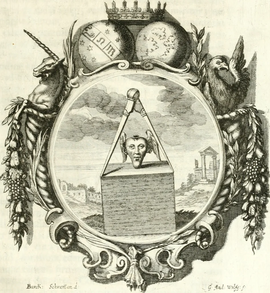 An illustration from Gratulatio panegyrica quam eminentissimo celsissimo ac reverendissimo domino, domino Guidobaldo ex comitatibus de Thun, S.R.E. cardinali, archiepiscopo Salisburgensi ... ad singulas dignitates meritissimo acceptas ex humillimo obsequio pro novis anni M.DC.LXVIII auspiciis, primis itidem calendis dixerunt musae Salisburgenses, 1668, leaf 54