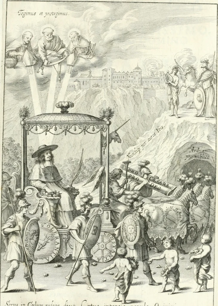 An illustration from Gratulatio panegyrica quam eminentissimo celsissimo ac reverendissimo domino, domino Guidobaldo ex comitatibus de Thun, S.R.E. cardinali, archiepiscopo Salisburgensi ... ad singulas dignitates meritissimo acceptas ex humillimo obsequio pro novis anni M.DC.LXVIII auspiciis, primis itidem calendis dixerunt musae Salisburgenses, 1668, leaf 6