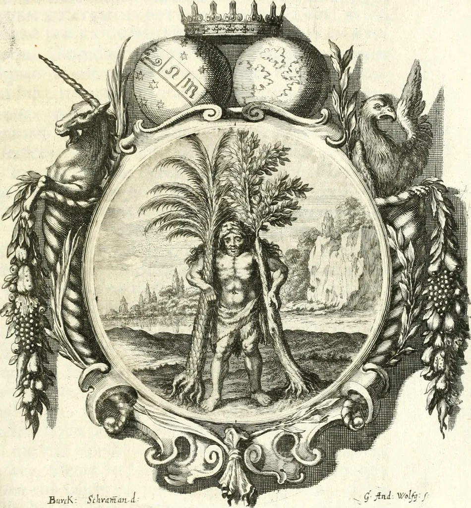 An illustration from Gratulatio panegyrica quam eminentissimo celsissimo ac reverendissimo domino, domino Guidobaldo ex comitatibus de Thun, S.R.E. cardinali, archiepiscopo Salisburgensi ... ad singulas dignitates meritissimo acceptas ex humillimo obsequio pro novis anni M.DC.LXVIII auspiciis, primis itidem calendis dixerunt musae Salisburgenses, 1668, leaf 60