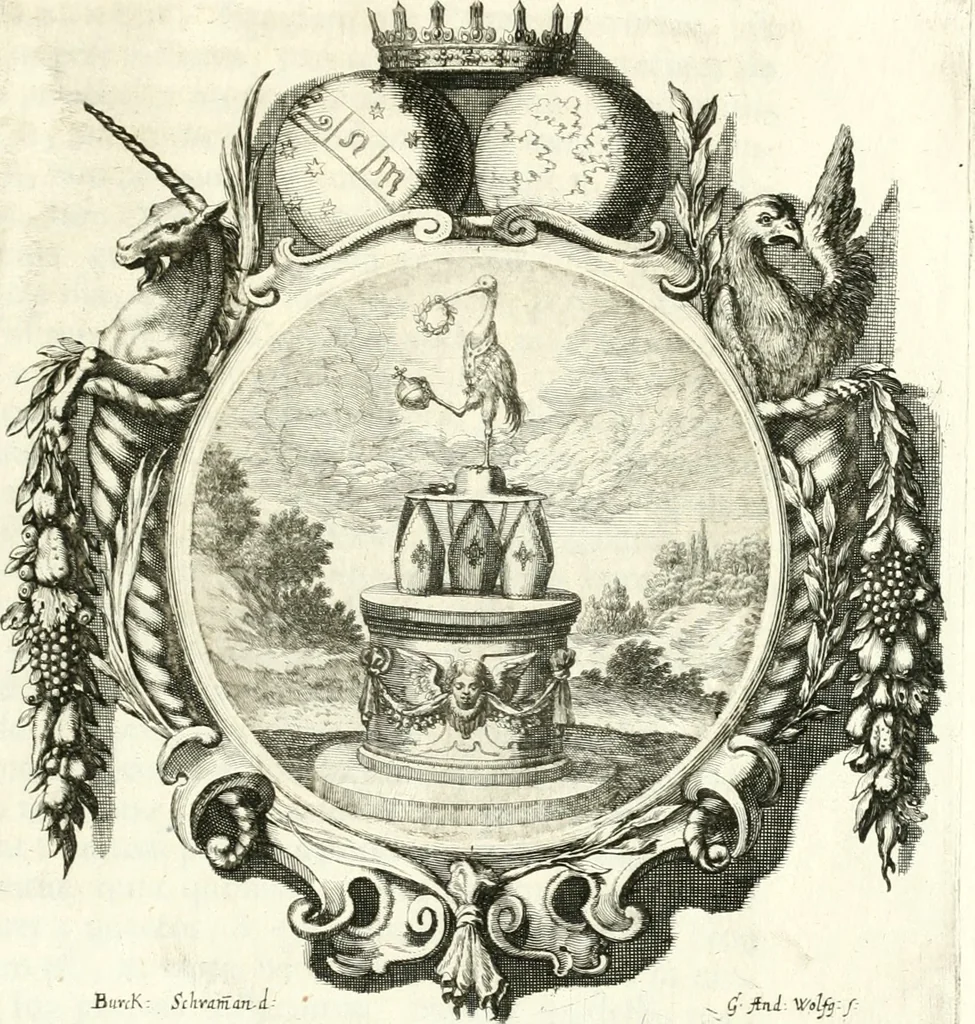 An illustration from Gratulatio panegyrica quam eminentissimo celsissimo ac reverendissimo domino, domino Guidobaldo ex comitatibus de Thun, S.R.E. cardinali, archiepiscopo Salisburgensi ... ad singulas dignitates meritissimo acceptas ex humillimo obsequio pro novis anni M.DC.LXVIII auspiciis, primis itidem calendis dixerunt musae Salisburgenses, 1668, leaf 64