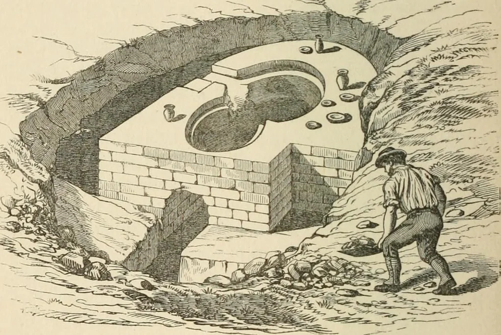 An illustration from Grave-mounds and their contents; a manual of archaeology, as exemplified in the burials of the Celtic, the Romano-British, and the Anglo-Saxon periods, 1870, leaf 182