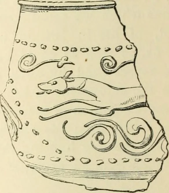 An illustration from Grave-mounds and their contents; a manual of archaeology, as exemplified in the burials of the Celtic, the Romano-British, and the Anglo-Saxon periods, 1870, leaf 188