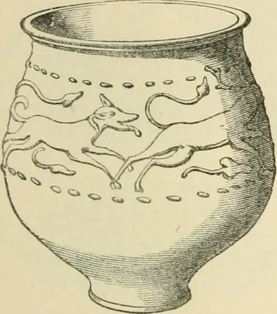 An illustration from Grave-mounds and their contents; a manual of archaeology, as exemplified in the burials of the Celtic, the Romano-British, and the Anglo-Saxon periods, 1870, leaf 201