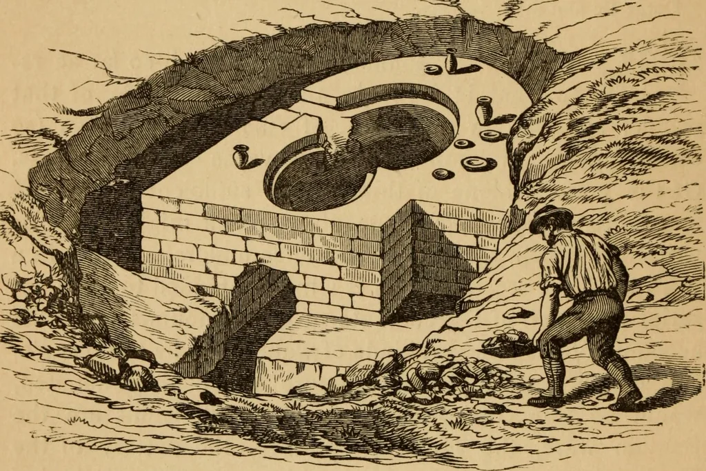 An illustration from Grave-mounds and their contents; a manual of archaeology, as exemplified in the burials of the Celtic, the Romano-British, and the Anglo-Saxon periods, 1870, leaf 182