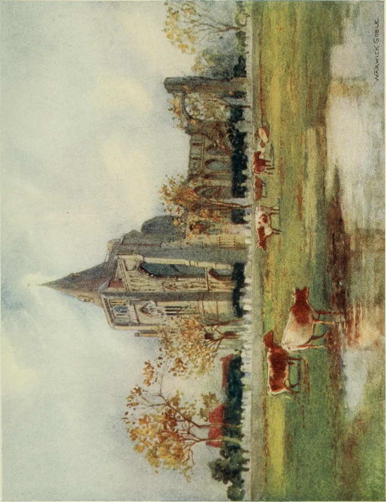 An illustration from The greater abbeys of England, with illustrations in colour after Warwick Goble, 1908, leaf 108