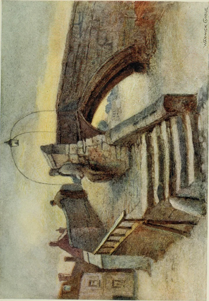 An illustration from The greater abbeys of England, with illustrations in colour after Warwick Goble, 1908, leaf 112