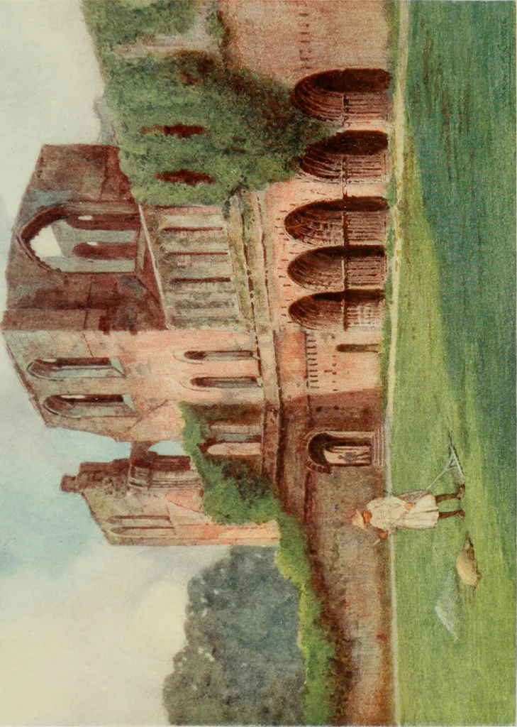 An illustration from The greater abbeys of England, with illustrations in colour after Warwick Goble, 1908, leaf 136