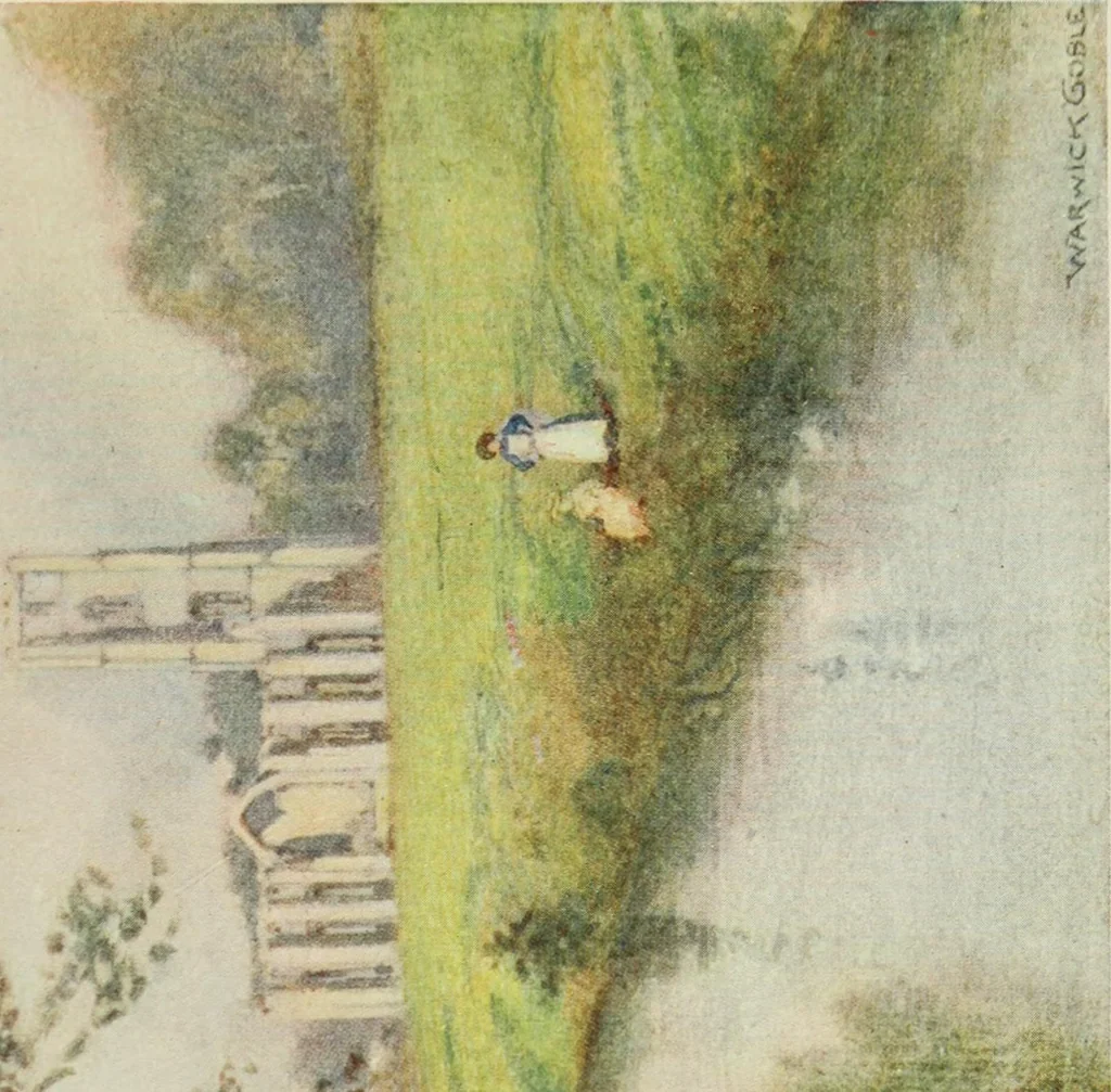 An illustration from The greater abbeys of England, with illustrations in colour after Warwick Goble, 1908, leaf 146