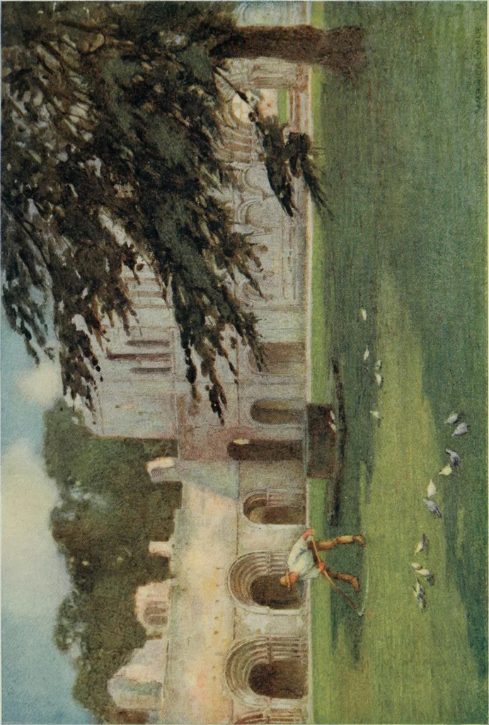 An illustration from The greater abbeys of England, with illustrations in colour after Warwick Goble, 1908, leaf 152