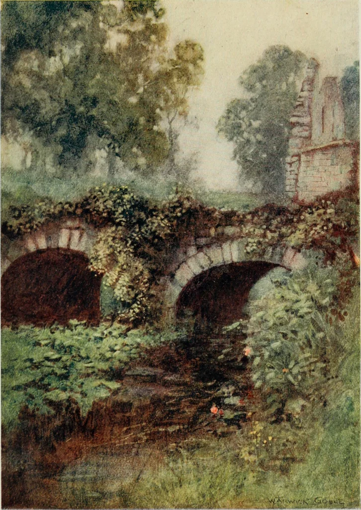 An illustration from The greater abbeys of England, with illustrations in colour after Warwick Goble, 1908, leaf 156